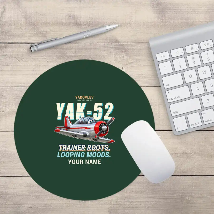 Yakovlev Yak-52 - Cartoon + Name - Round Mouse Pad - Dark Green