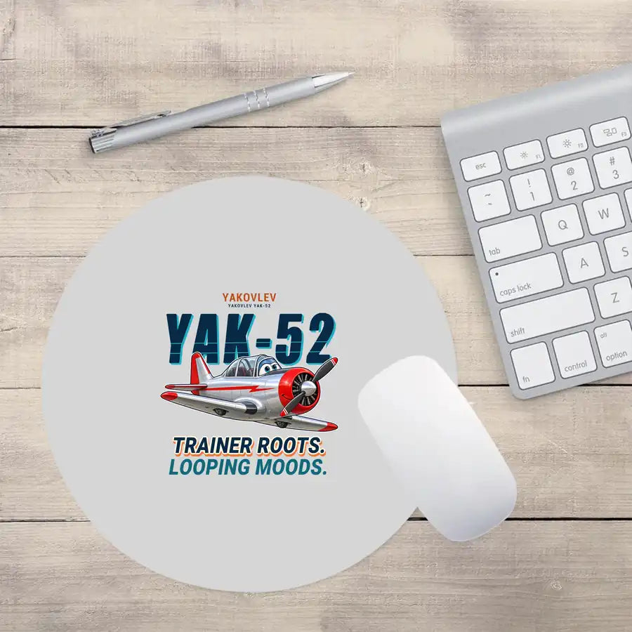 Yakovlev Yak-52 - Cartoon - Round Mouse Pad - Light Gray
