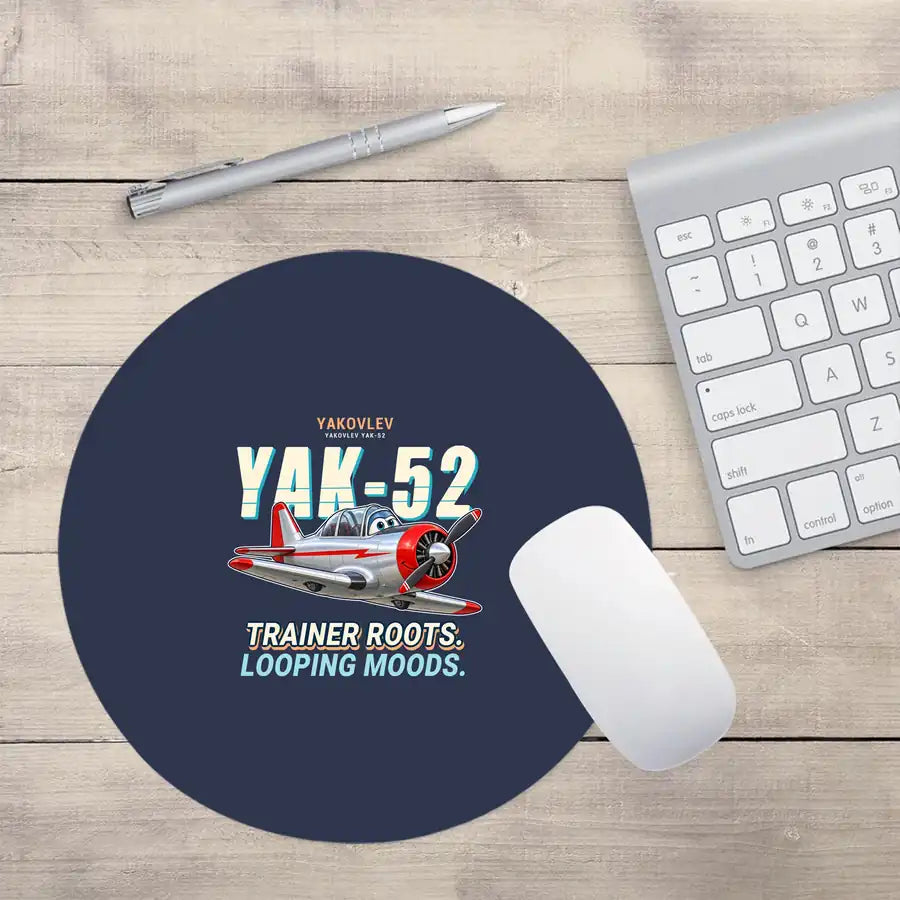 Yakovlev Yak-52 - Cartoon - Round Mouse Pad - Navy Blue