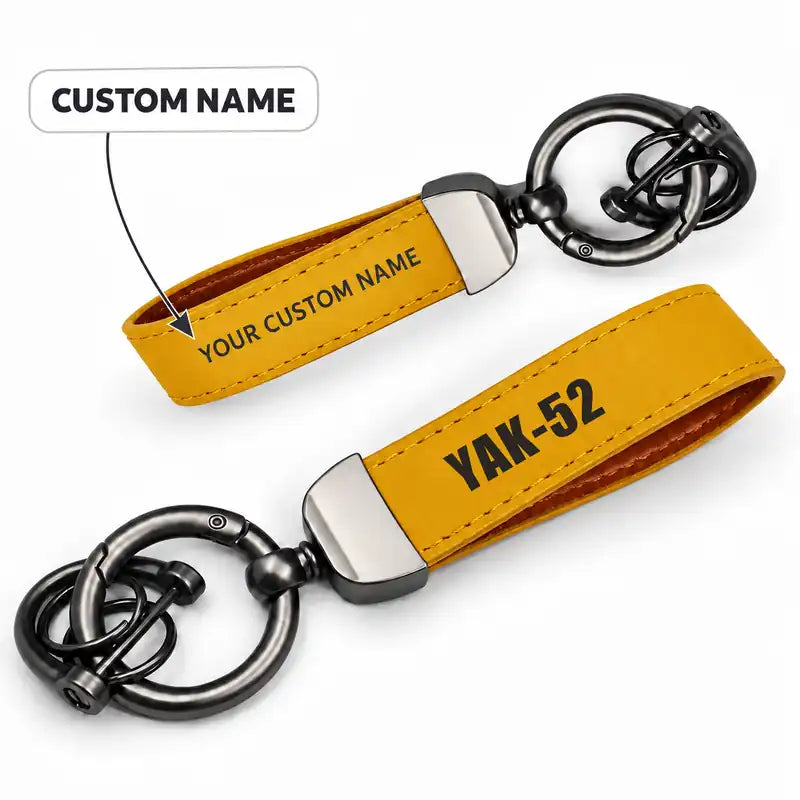 Yakovlev Yak-52 - Leather Key Chain - Horseshoe Buckle - Heritage - Yellow + Name