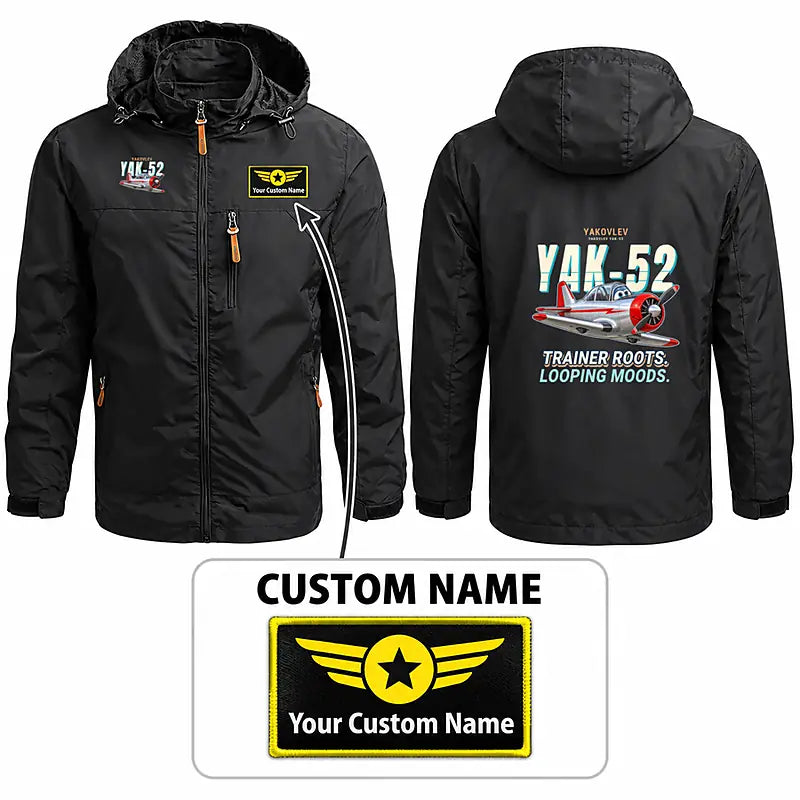 Yakovlev Yak-52 Stylish Jackets - Hooded Windbreaker - Cartoon + Name - Black