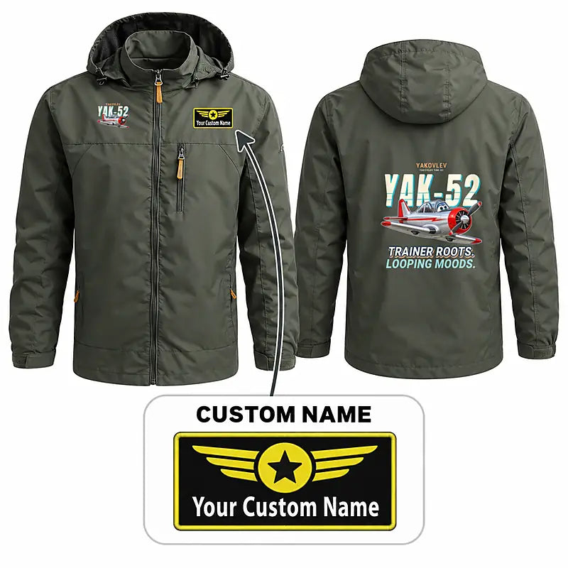 Yakovlev Yak-52 Stylish Jackets - Hooded Windbreaker - Cartoon + Name - Olive Green