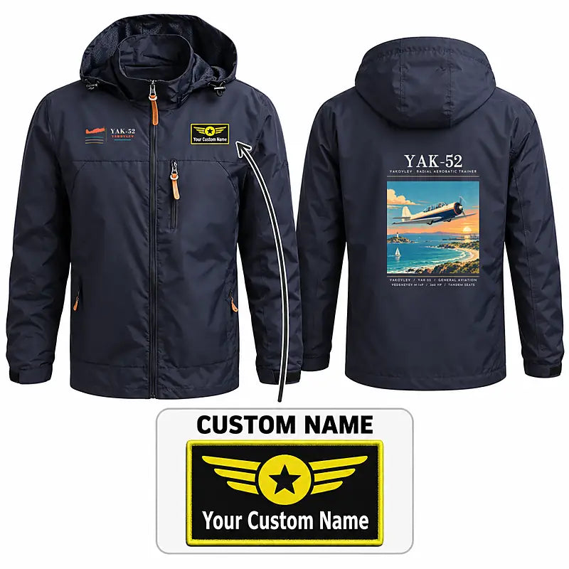 Yakovlev Yak-52 Stylish Jackets - Hooded Windbreaker - Poster + Name - Navy Blue