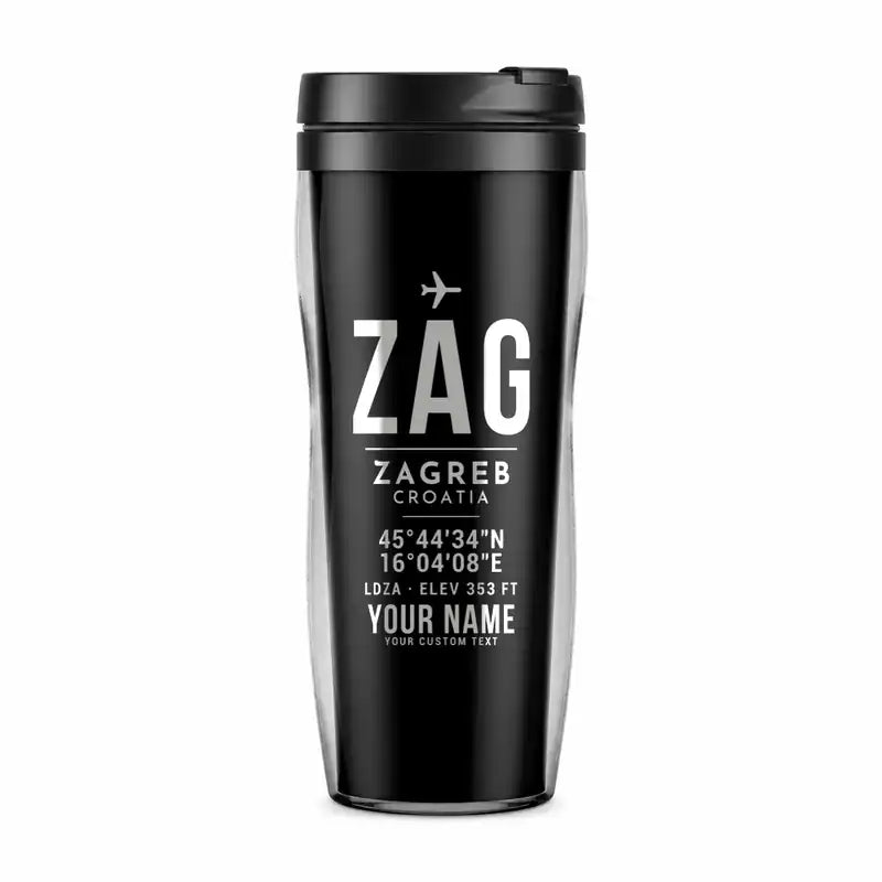 Franjo Tuđman Airport Zagreb (ZAG) Travel Mugs - ID Tag + Name - Plastic (No Holder) - Black