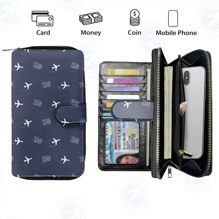Franjo Tuđman Airport Zagreb (ZAG) Leather Wallets - Zip Long Wallet - Pattern - Navy Blue