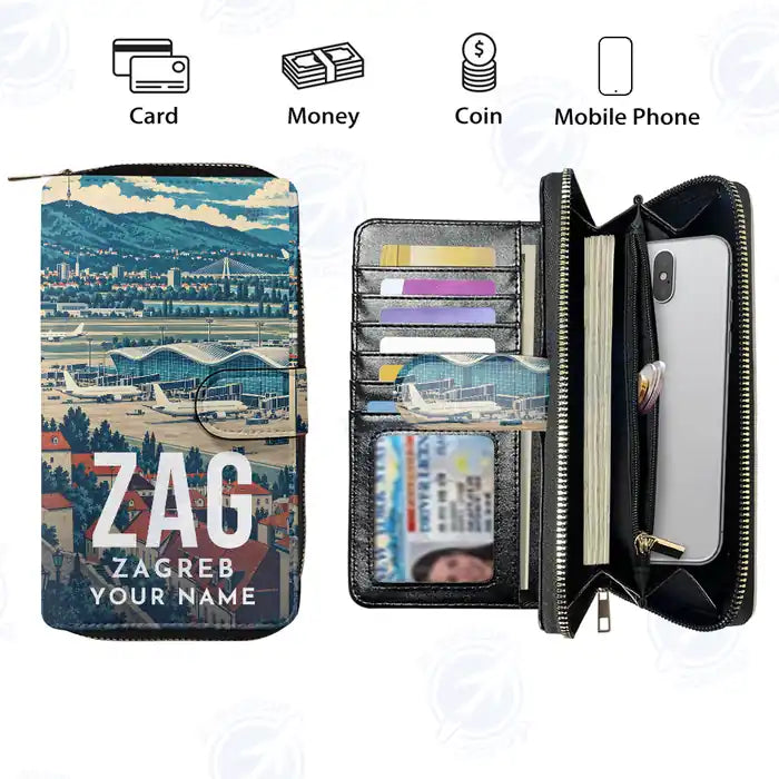 Franjo Tuđman Airport Zagreb (ZAG) Leather Wallets - Zip Long Wallet - Scene + Name