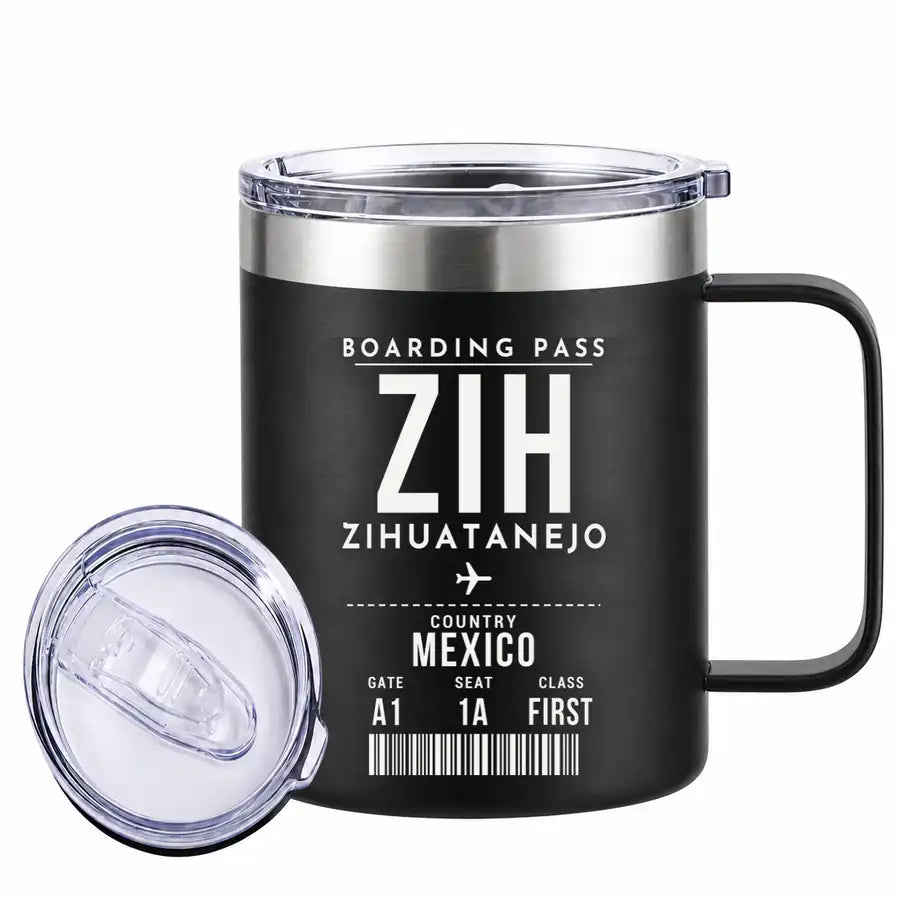 Ixtapa-Zihuatanejo International Airport (ZIH) Stainless Steel Mugs - Boarding Pass - Stainless Steel Mug - 14 oz / 400ML - Black