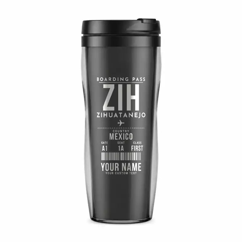 Ixtapa-Zihuatanejo International Airport (ZIH) Travel Mugs - Boarding Pass + Name - Plastic (No Holder) - Gray