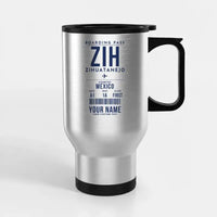 Thumbnail for Ixtapa-Zihuatanejo International Airport (ZIH) Travel Mugs - Boarding Pass + Name - Stainless Steel with Holder - Silver