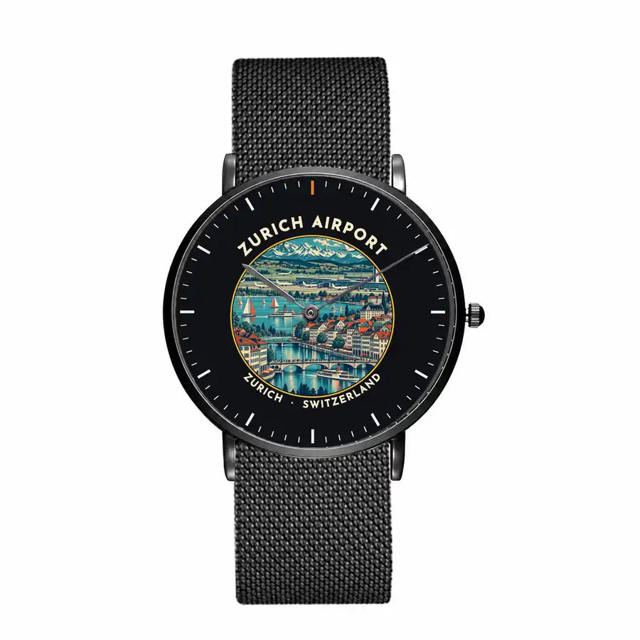 Zurich Airport (ZRH) Aviator Watches - Badge - Slim Mesh - Black & Stainless Steel Strap