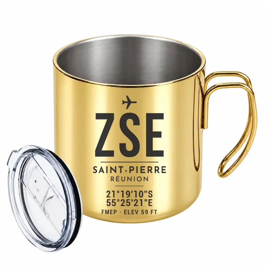 Saint-Pierre Pierrefonds Airport (ZSE) Stainless Steel Mugs - ID Tag - Portable Mug - Gold