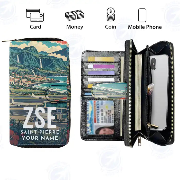 Saint-Pierre Pierrefonds Airport (ZSE) Leather Wallets - Zip Long Wallet - Scene + Name