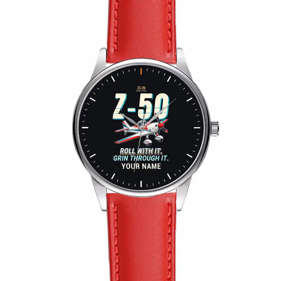 Zlin Z-50LS - Cartoon + Name - Leather Strap - Red Leather Strap