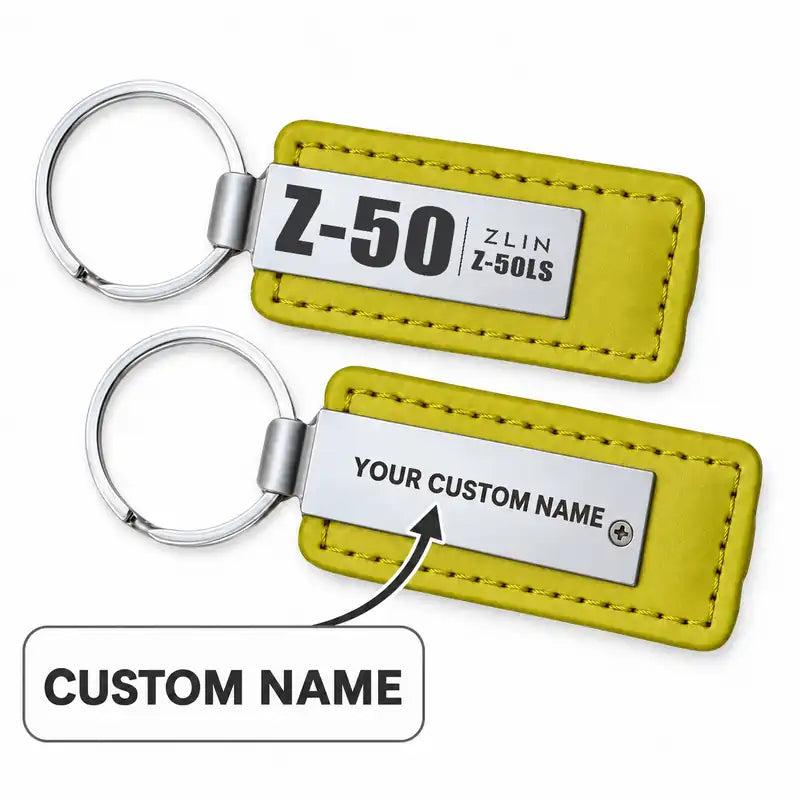 Zlin Z-50LS - Leather Key Chain - Faux Leather - Tag - Yellow + Name