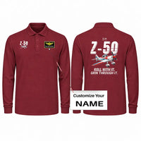 Thumbnail for Zlin Z-50LS Premium Polo T-Shirts - Cartoon + Name - Long Sleeve - Dark Red