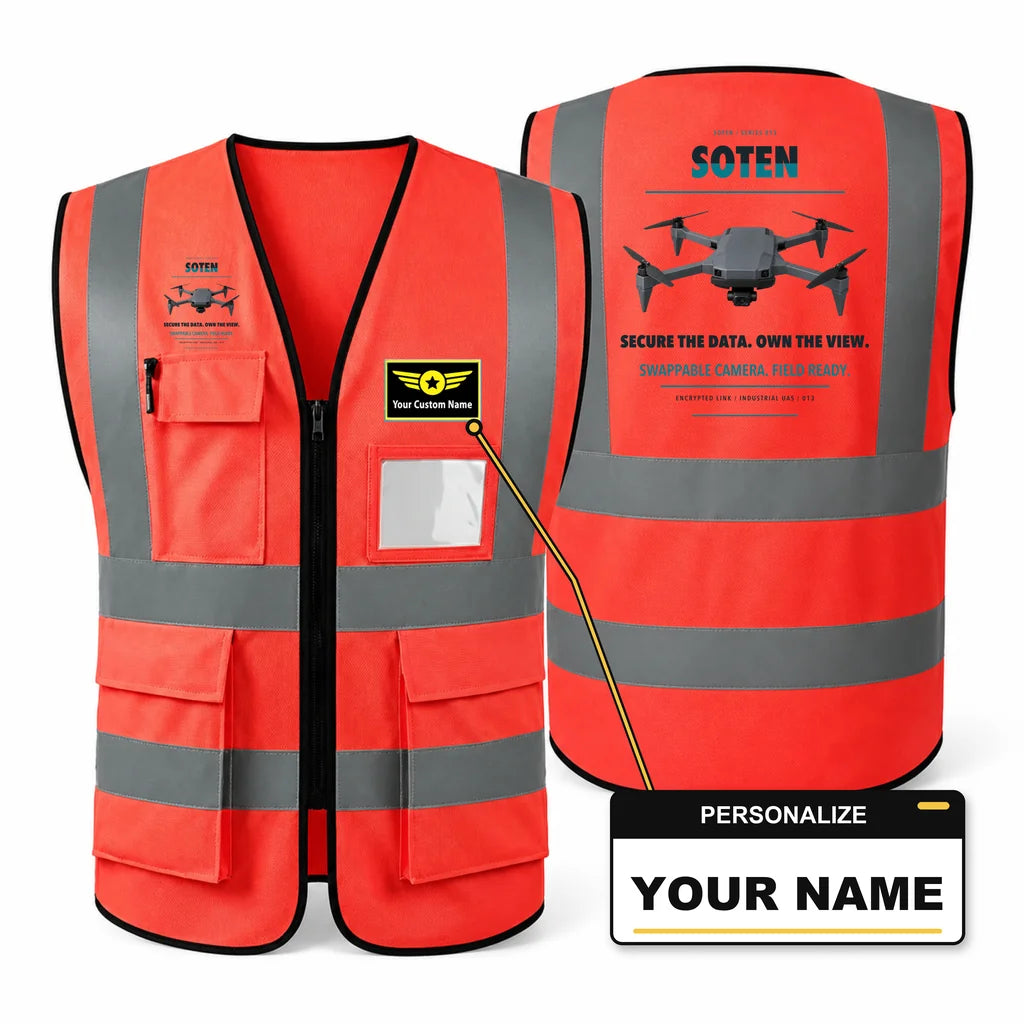 ACSL SOTEN aviation design on red high-visibility reflective vest with custom name badge