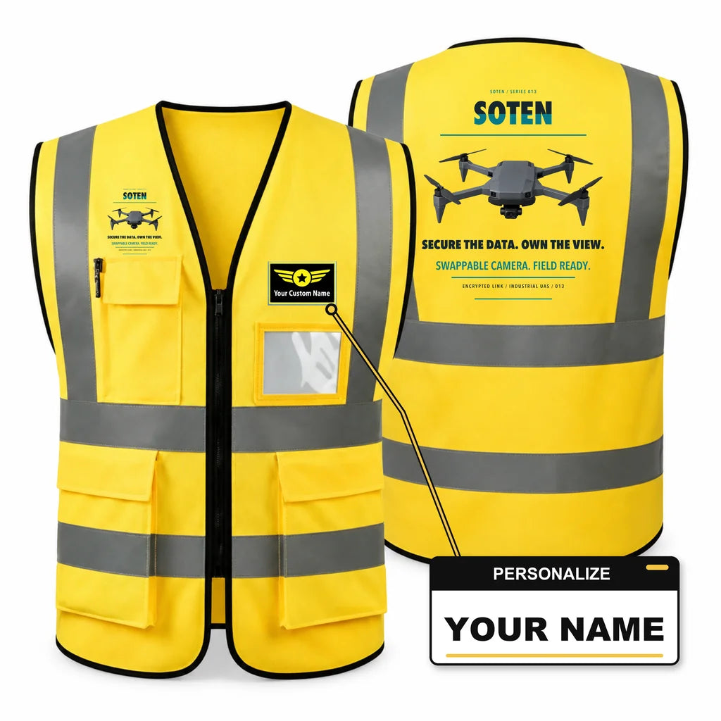 ACSL SOTEN aviation design on yellow high-visibility reflective vest with custom name badge