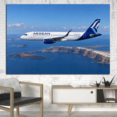Aegean Airlines Airbus A320 level cruise above the Santorini caldera in clear daylight canvas - 1 Piece