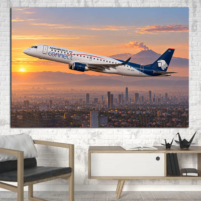 Aeromexico Embraer E190 regional jet climb above Mexico City in clear sunrise light canvas - 1 Piece