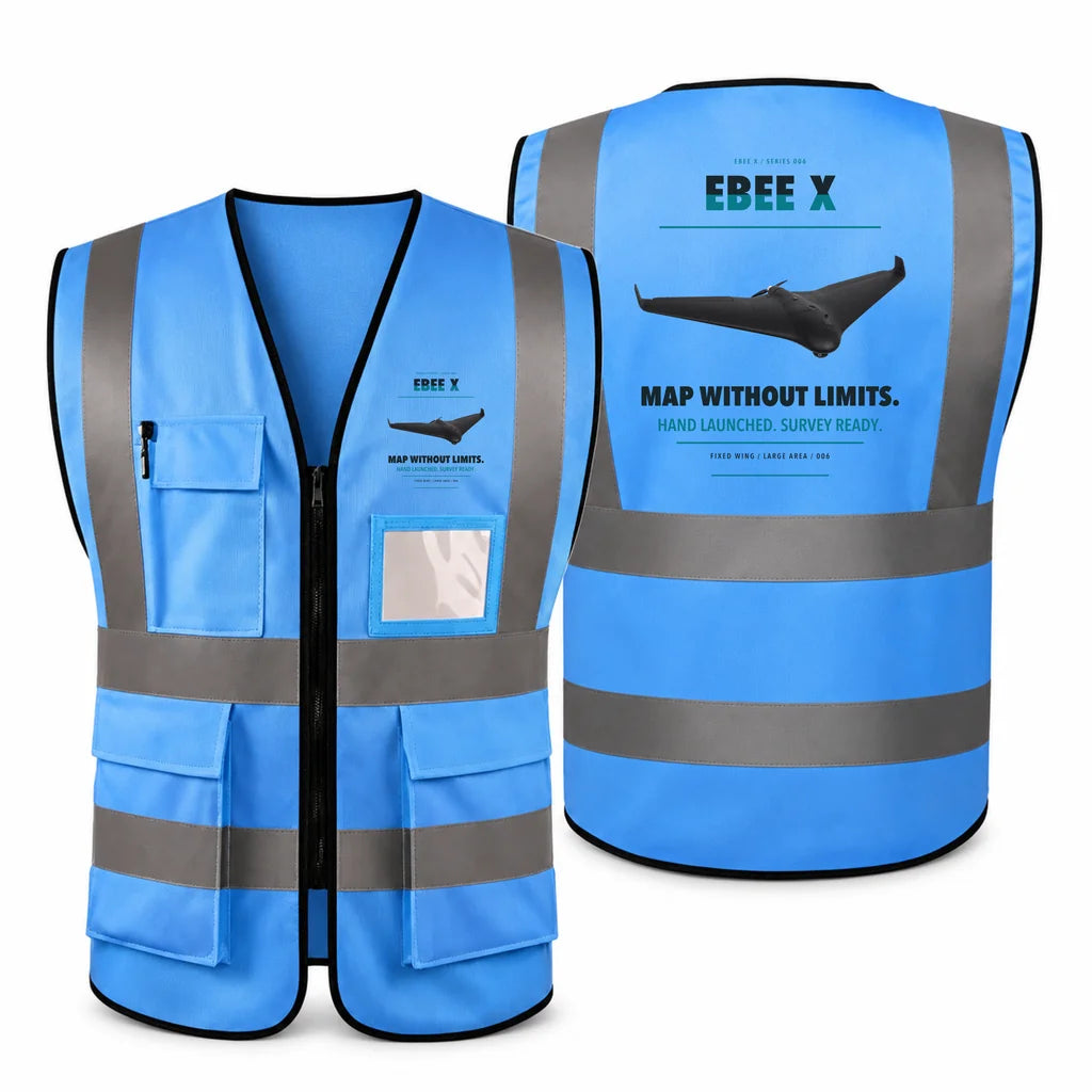 AgEagle eBee X aviation design on blue high-visibility reflective vest