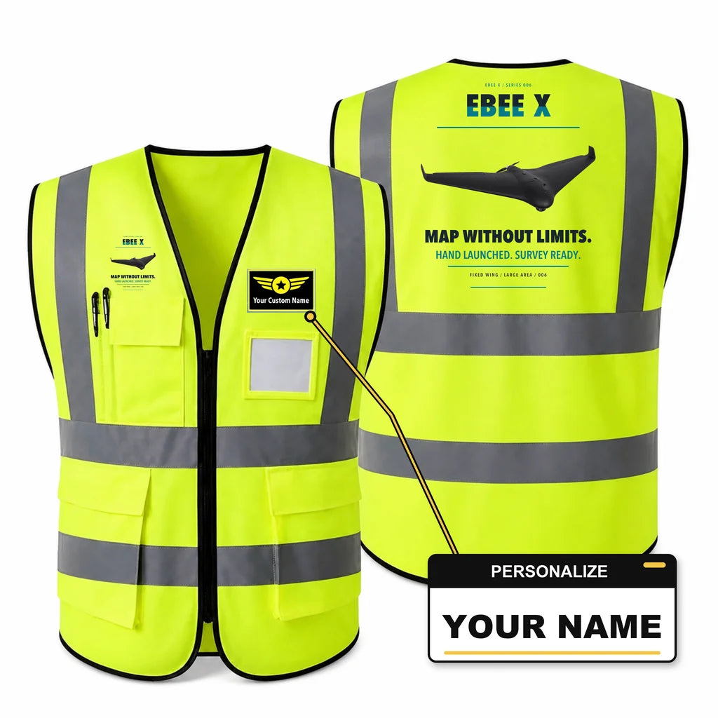 AgEagle eBee X aviation design on fluorescent green high-visibility reflective vest with custom name badge