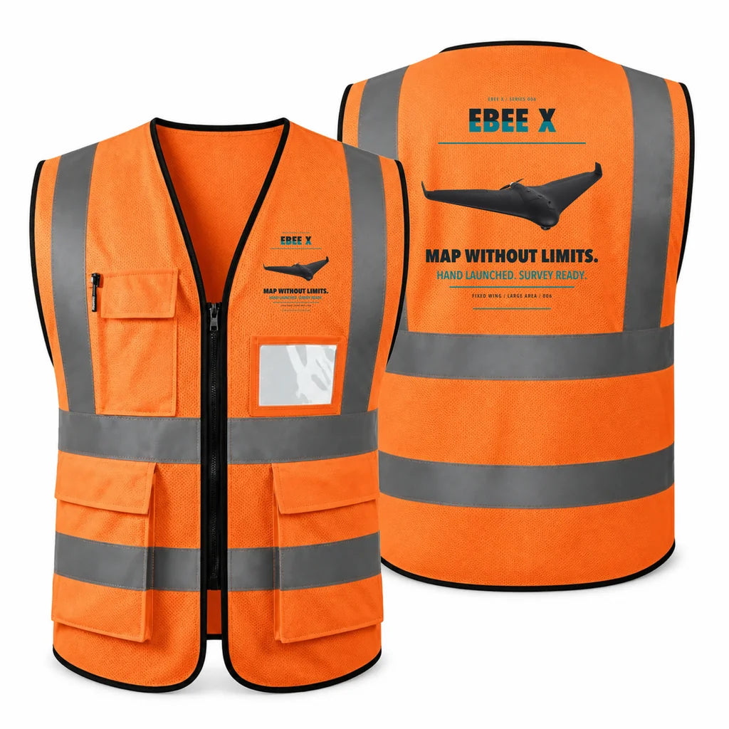 AgEagle eBee X aviation design on orange high-visibility reflective vest