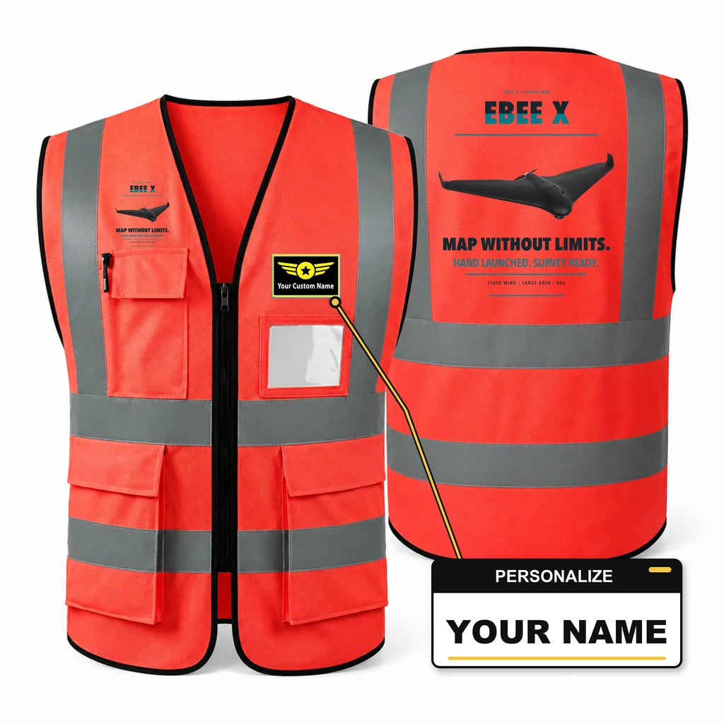 AgEagle eBee X aviation design on red high-visibility reflective vest with custom name badge