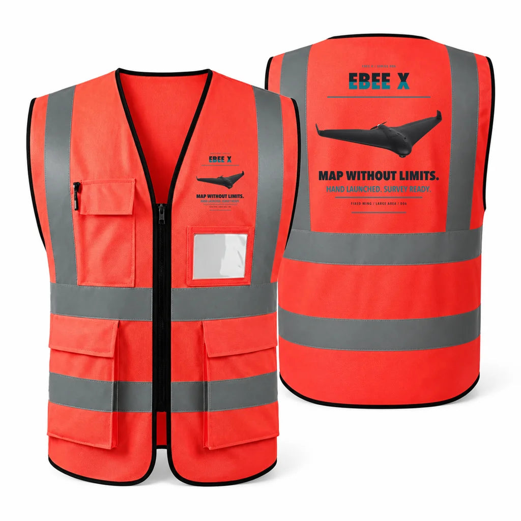 AgEagle eBee X aviation design on red high-visibility reflective vest