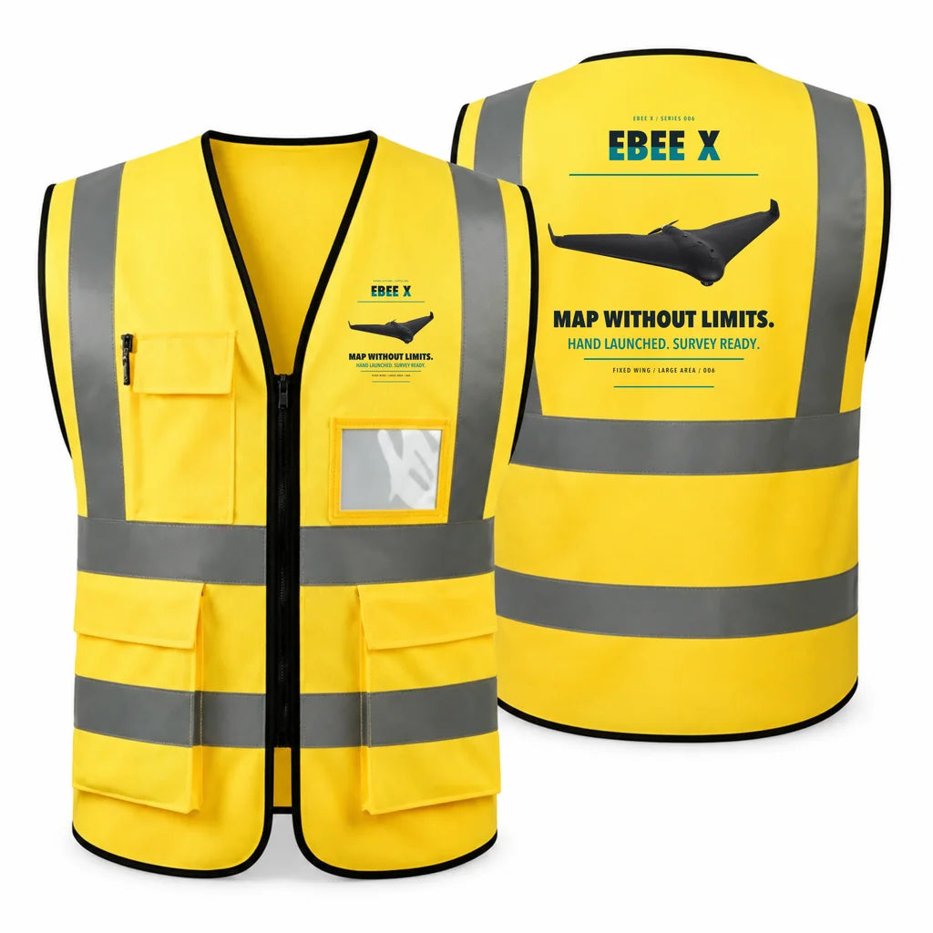 AgEagle eBee X aviation design on yellow high-visibility reflective vest