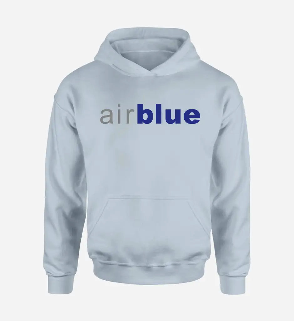 Air Blue logo printed on light blue hoodie