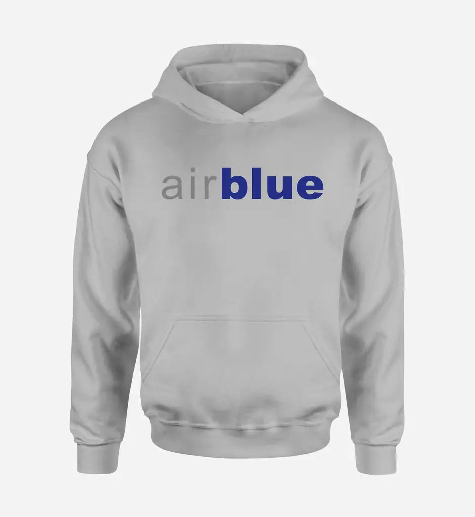 Air Blue logo printed on light gray hoodie