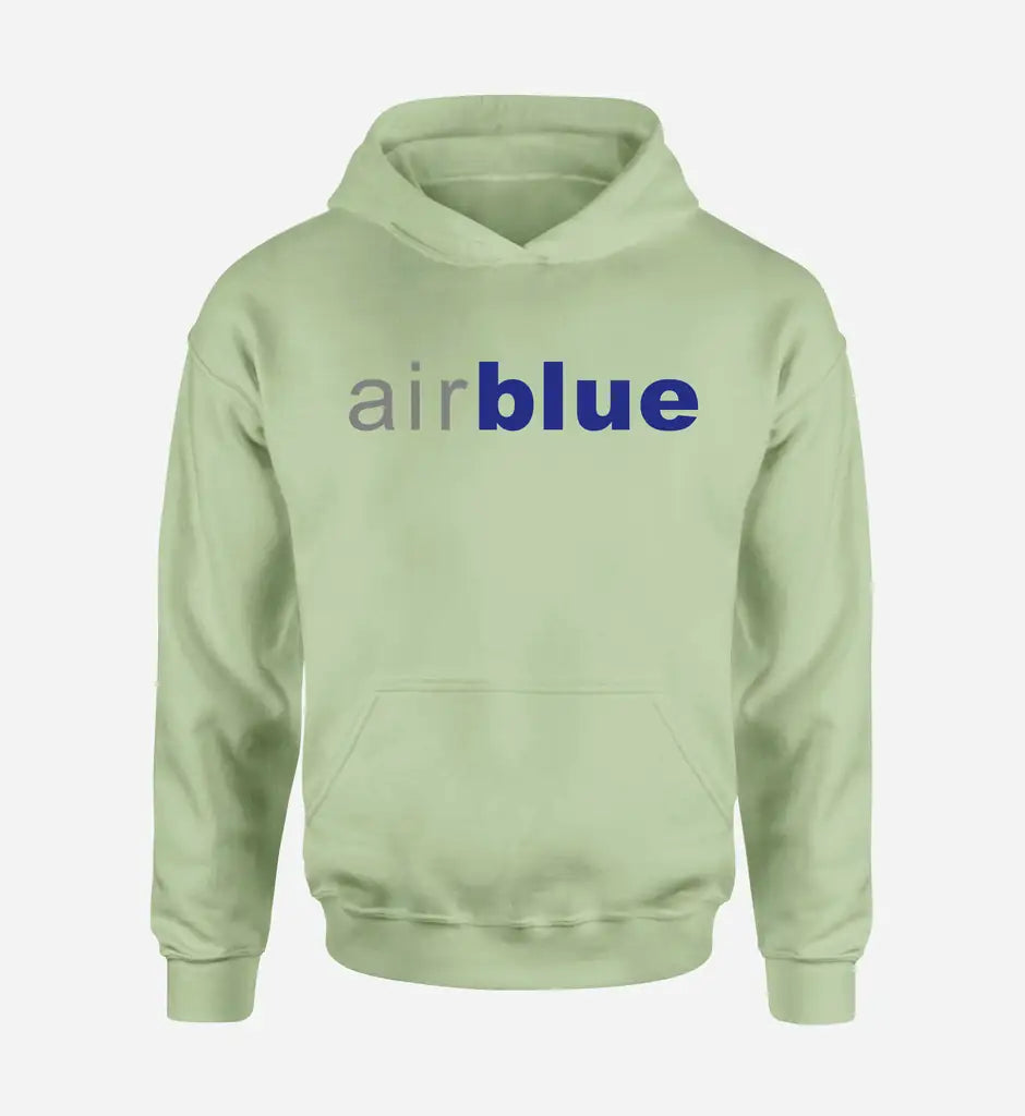 Air Blue logo printed on light green hoodie