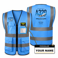 Thumbnail for Airbus A320neo aviation design on blue high-visibility reflective vest with custom name badge