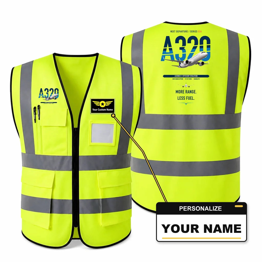 Airbus A320neo aviation design on fluorescent green high-visibility reflective vest with custom name badge