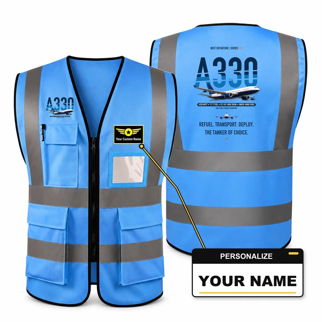 Airbus A330 MRTT aviation design on blue high-visibility reflective vest with custom name badge