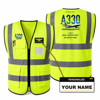 Thumbnail for Airbus A330 MRTT aviation design on fluorescent green high-visibility reflective vest with custom name badge