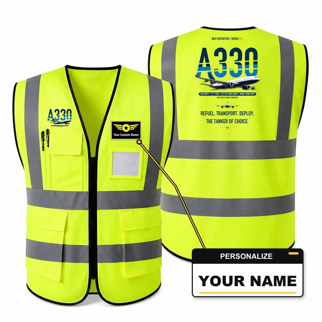 Airbus A330 MRTT aviation design on fluorescent green high-visibility reflective vest with custom name badge