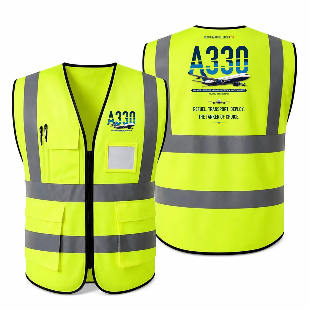 Airbus A330 MRTT aviation design on fluorescent green high-visibility reflective vest