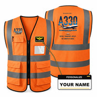 Thumbnail for Airbus A330 MRTT aviation design on orange high-visibility reflective vest with custom name badge