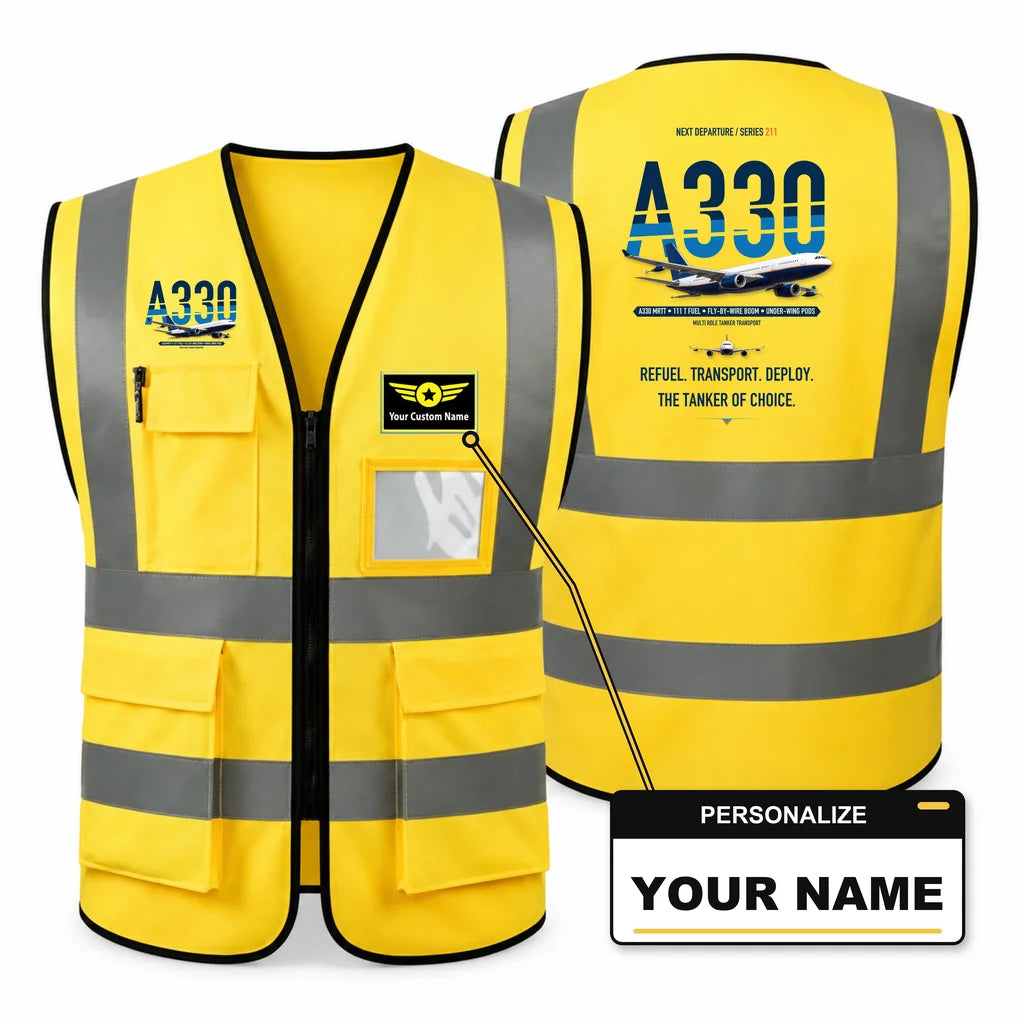 Airbus A330 MRTT aviation design on yellow high-visibility reflective vest with custom name badge