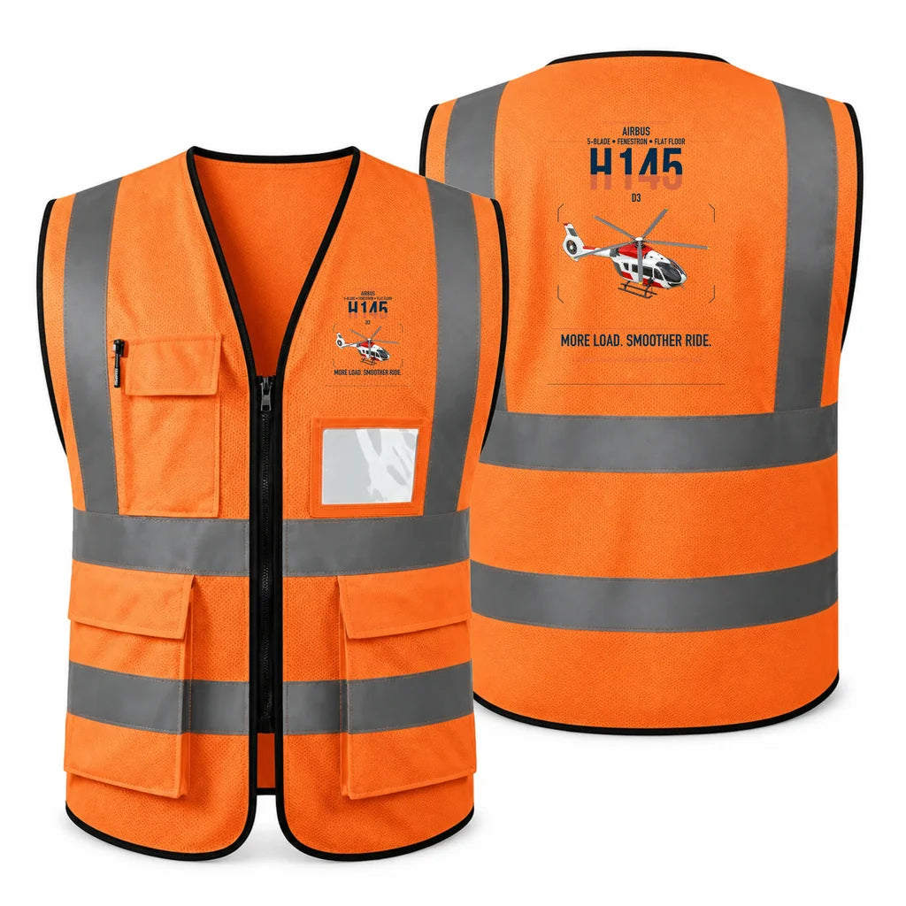 Airbus H145 D3 aviation design on orange high-visibility reflective vest