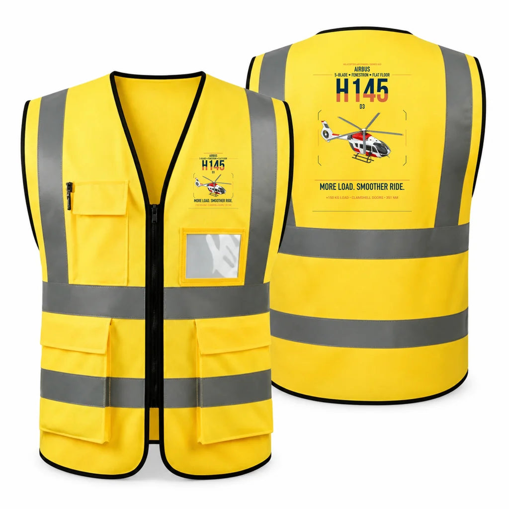 Airbus H145 D3 aviation design on yellow high-visibility reflective vest
