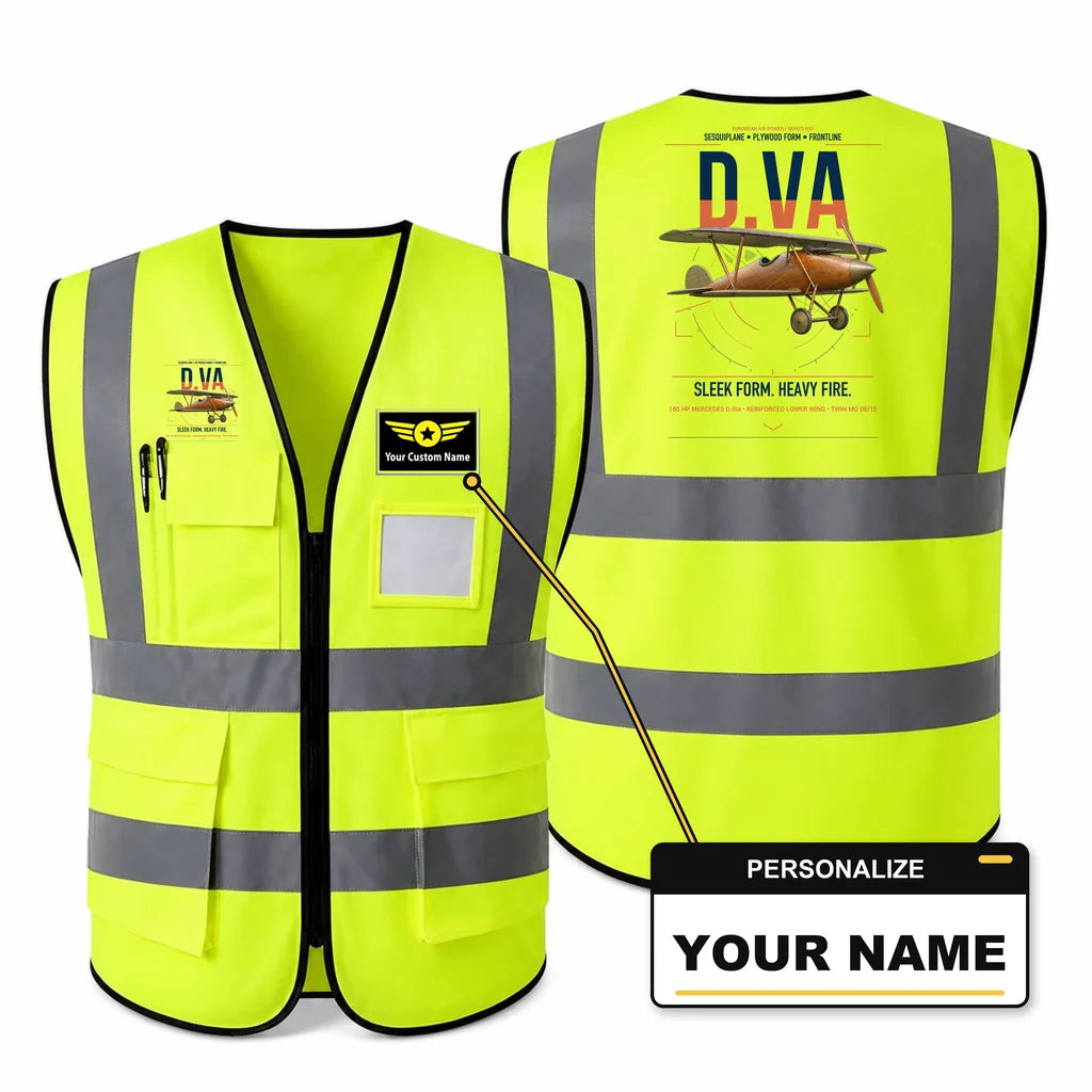 Albatros D.Va aviation design on fluorescent green high-visibility reflective vest with custom name badge