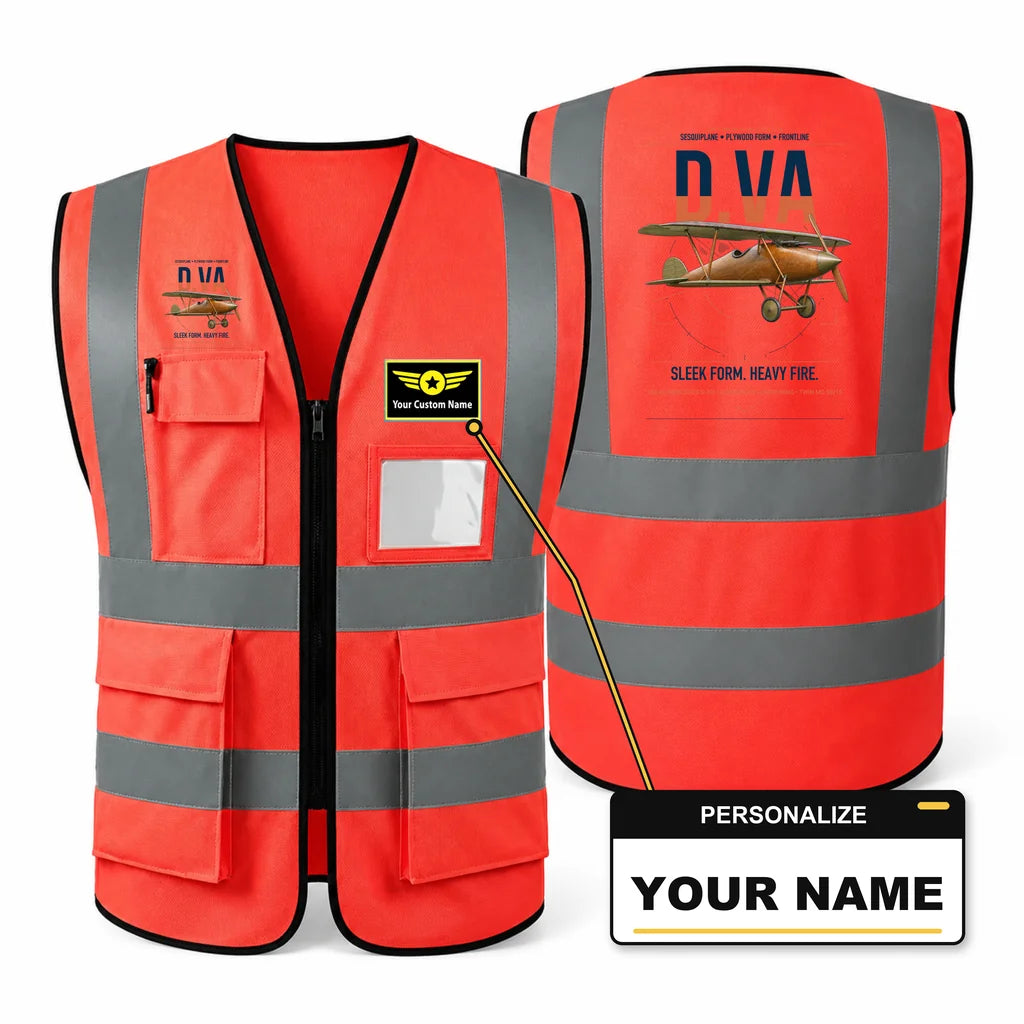 Albatros D.Va aviation design on red high-visibility reflective vest with custom name badge