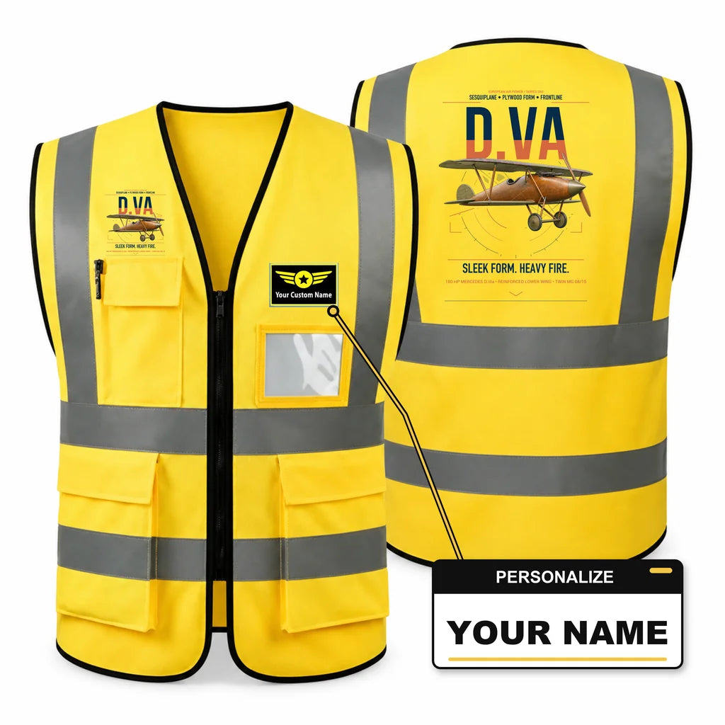 Albatros D.Va aviation design on yellow high-visibility reflective vest with custom name badge