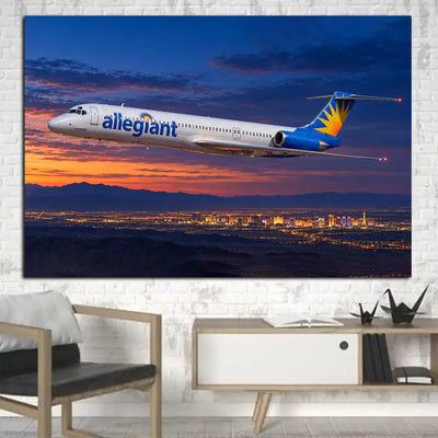 Allegiant Air McDonnell Douglas MD-82 historic rear-engine jet flight above the Nevada desert at blue hour canvas - 1 Piece