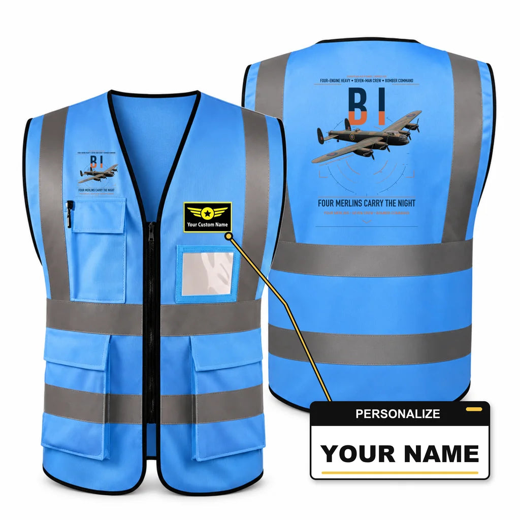 Avro Lancaster B I aviation design on blue high-visibility reflective vest with custom name badge