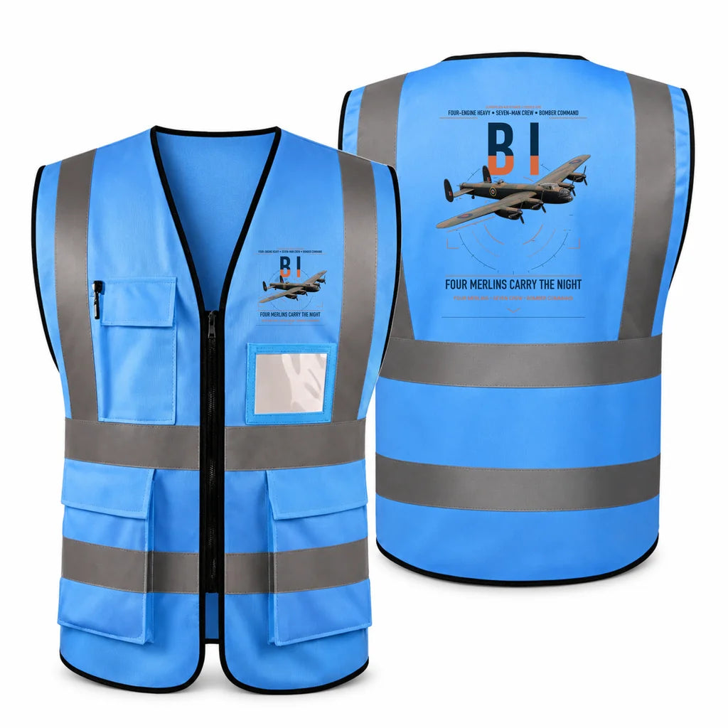 Avro Lancaster B I aviation design on blue high-visibility reflective vest