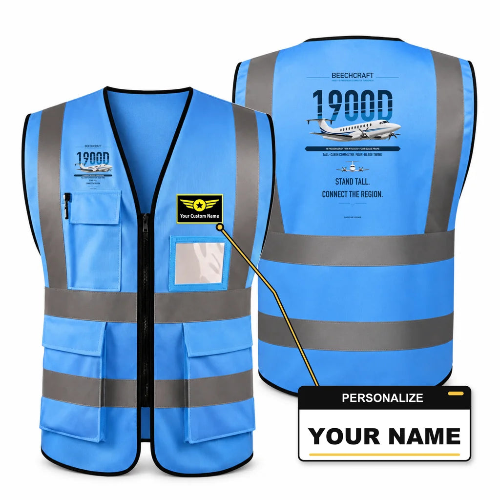 Beechcraft 1900D aviation design on blue high-visibility reflective vest with custom name badge