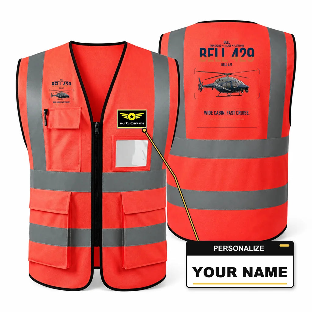 Bell 429 aviation design on red high-visibility reflective vest with custom name badge